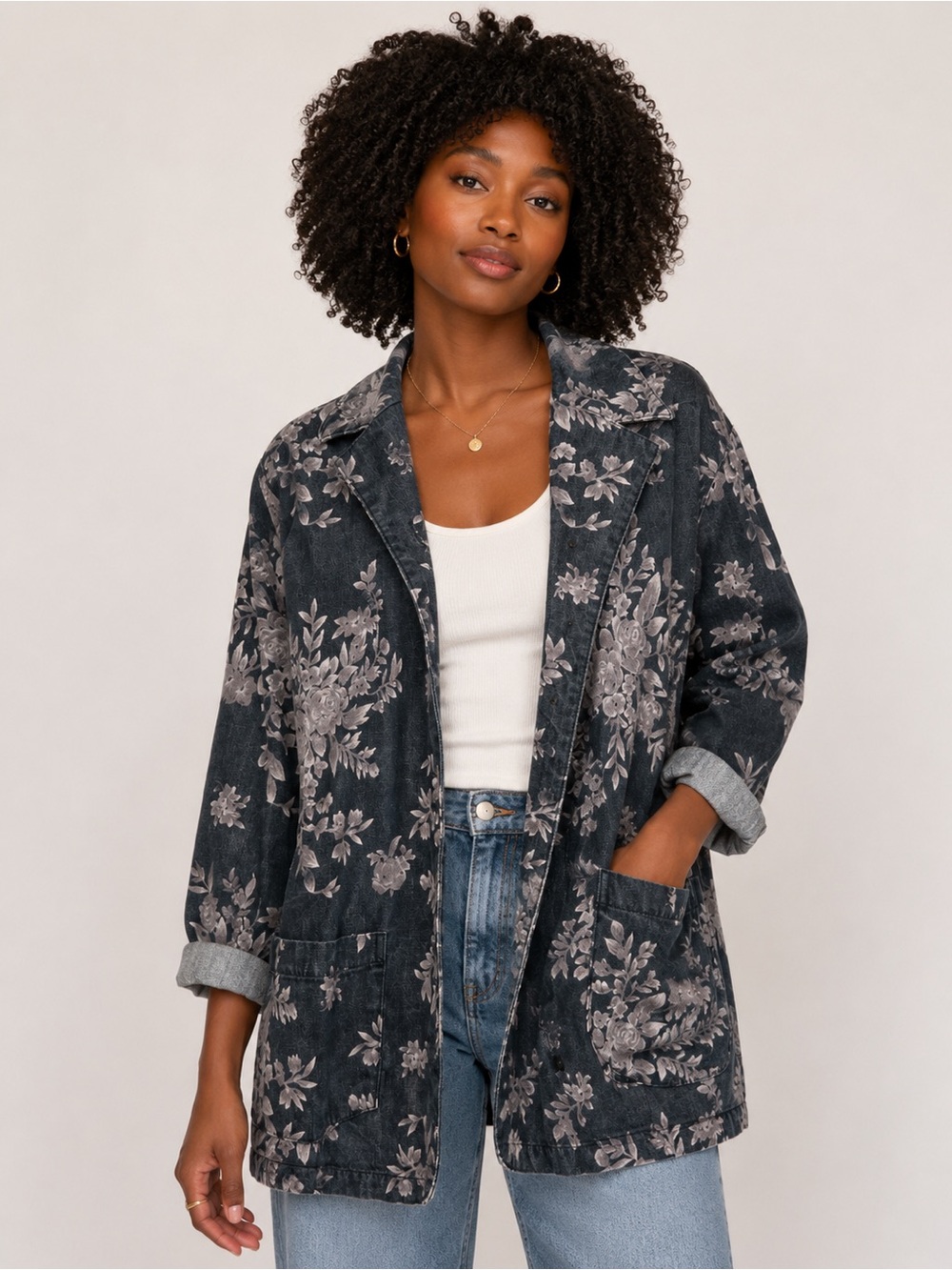 Floral Denim Jacket Blazer Cottagecore Button Front Blue Gray Medium Denim & Co